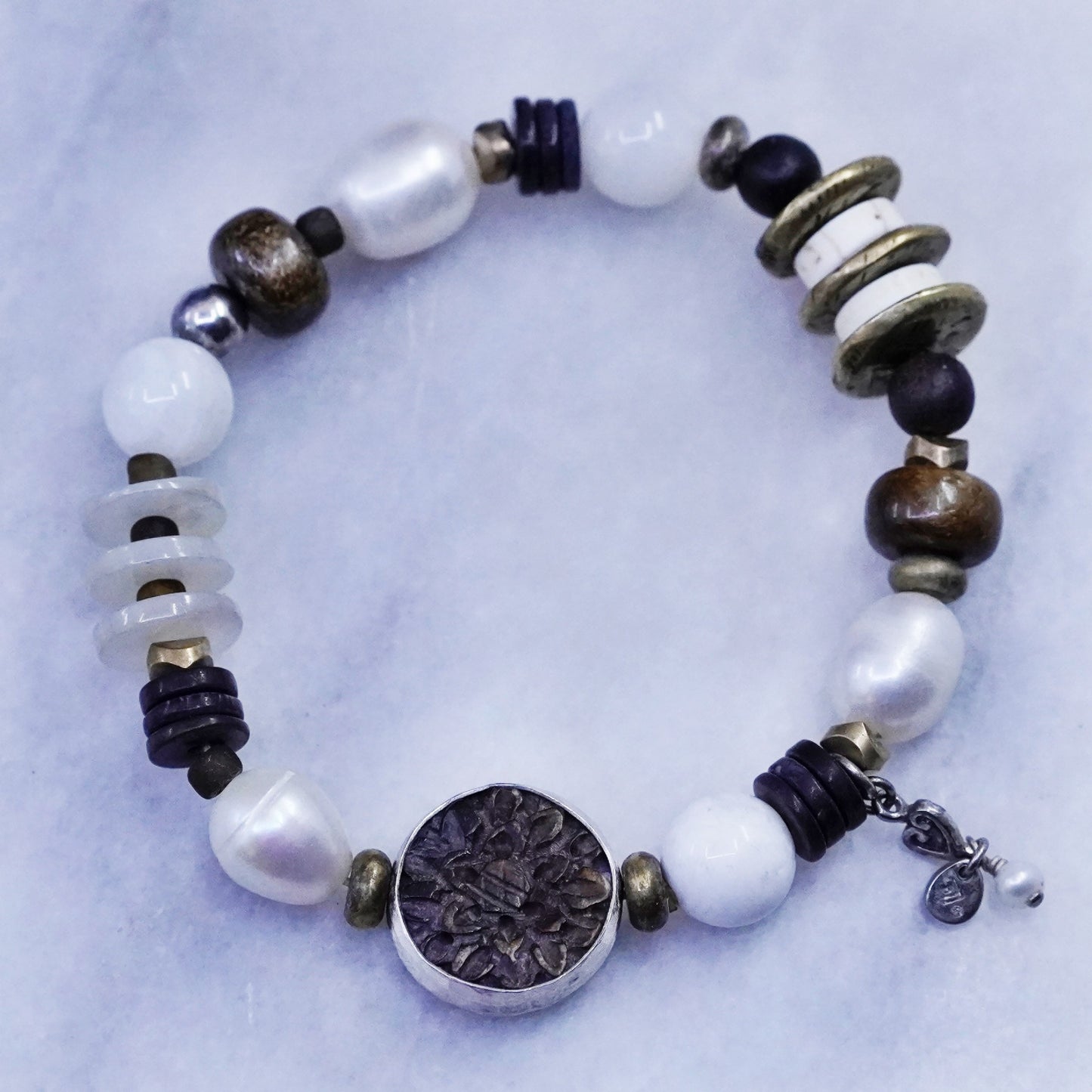 Silpada Sterling 925 Silver Pearl Bronzite Wood Brass Stretch Bracelet B1989