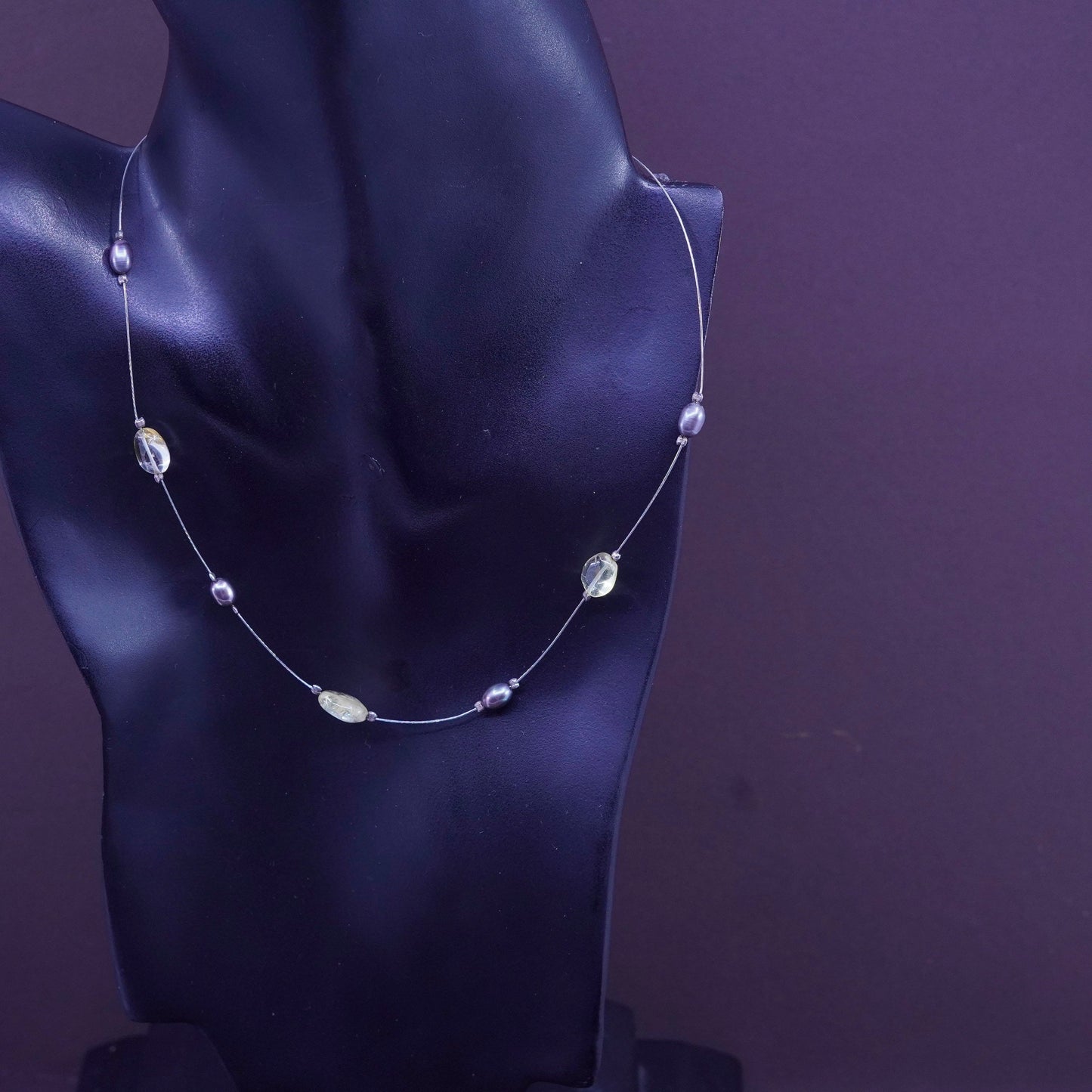 16”, vintage Sterling 925 silver handmade necklace with black pearl and crystal