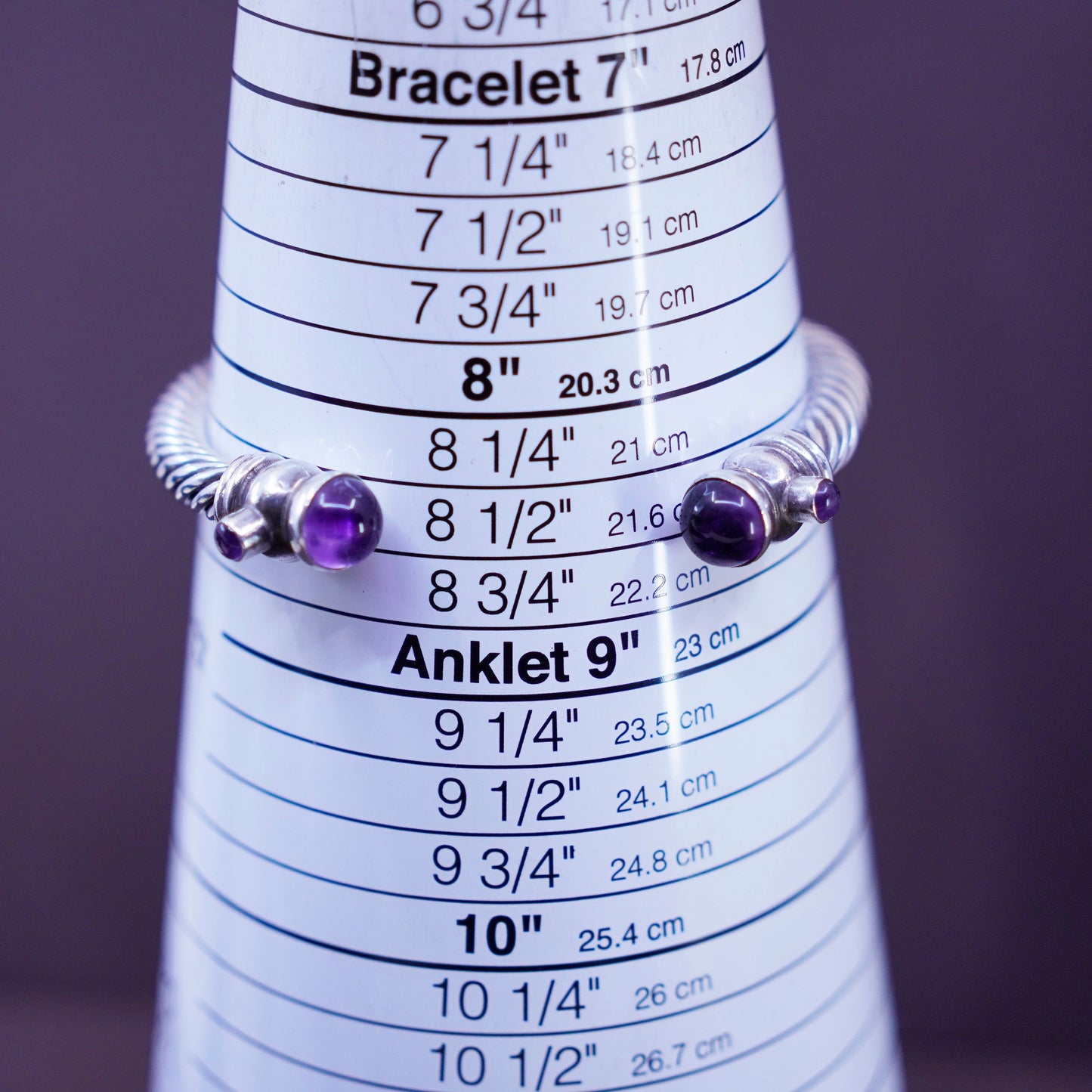 8.5”, vintage Sterling silver handmade bracelet, 925 cable cuff with amethyst