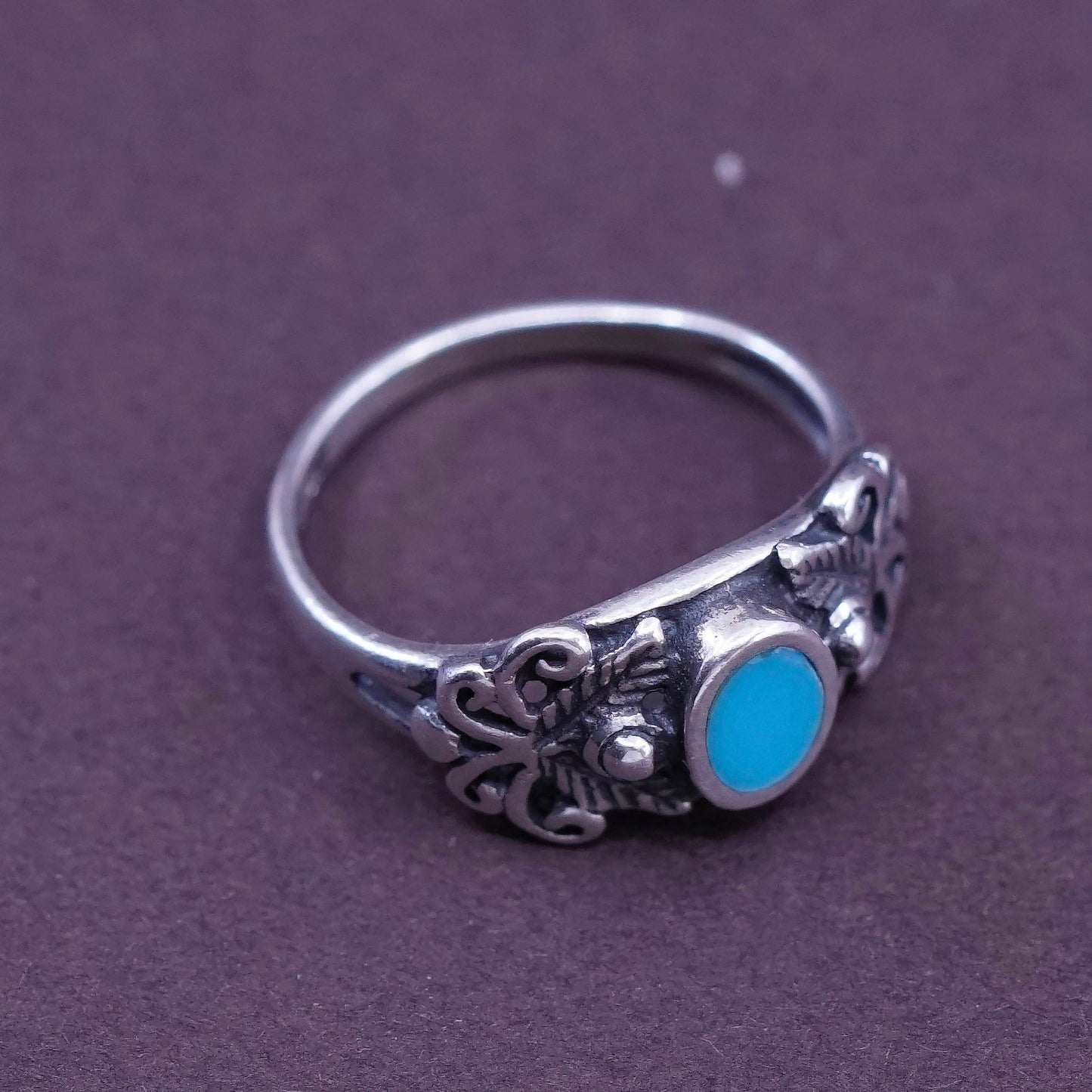 Size 1.5, vtg Sterling 925 silver handmade ring w/ turquoise N filigree flower