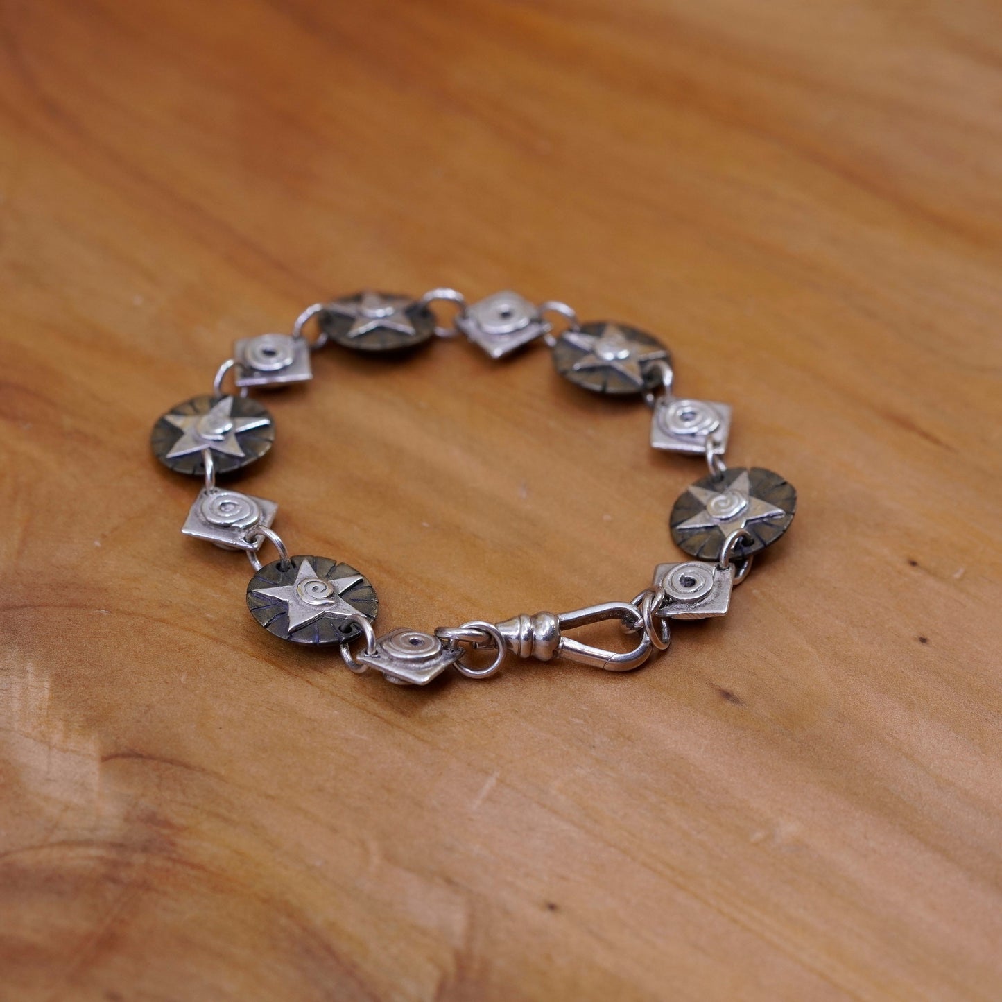 7”, two tone Sterling silver handmade bracelet, mexico 925 swirl star chain