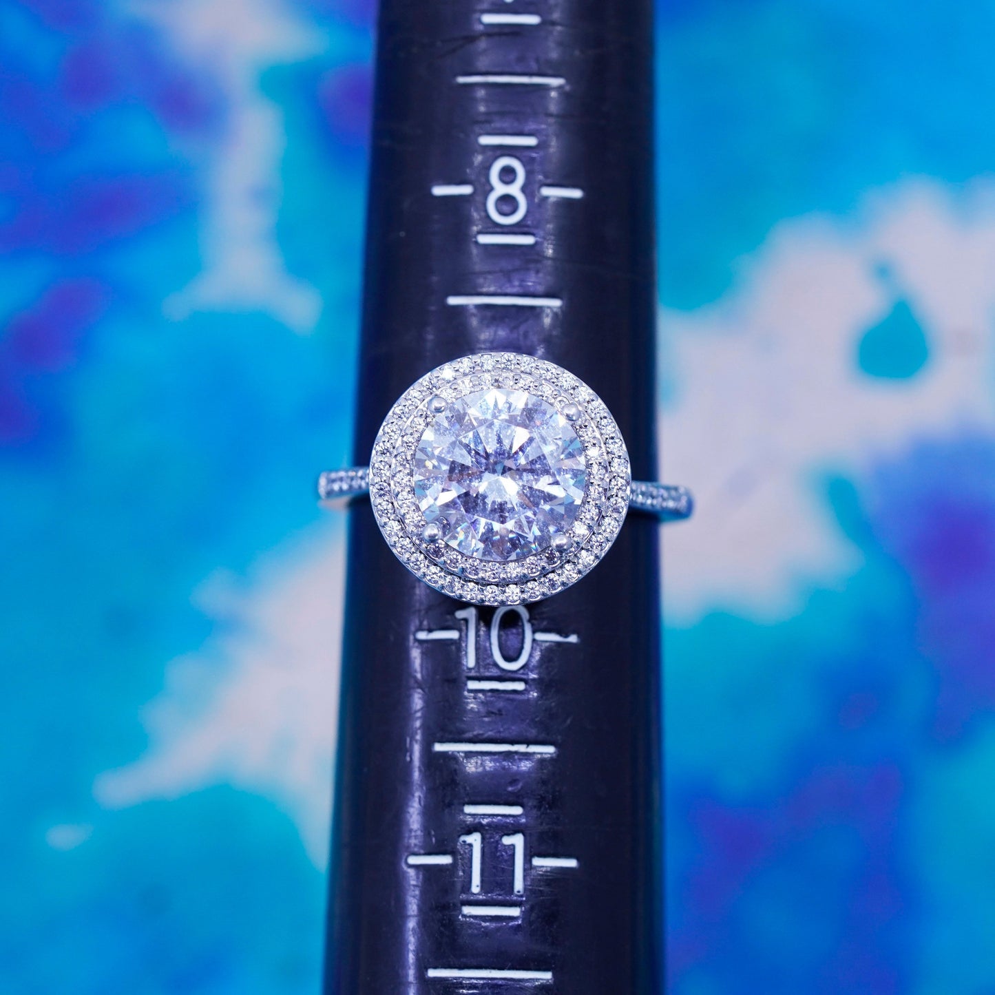 Size 9.25, vintage Sterling 925 silver engagement ring with cluster Cz around