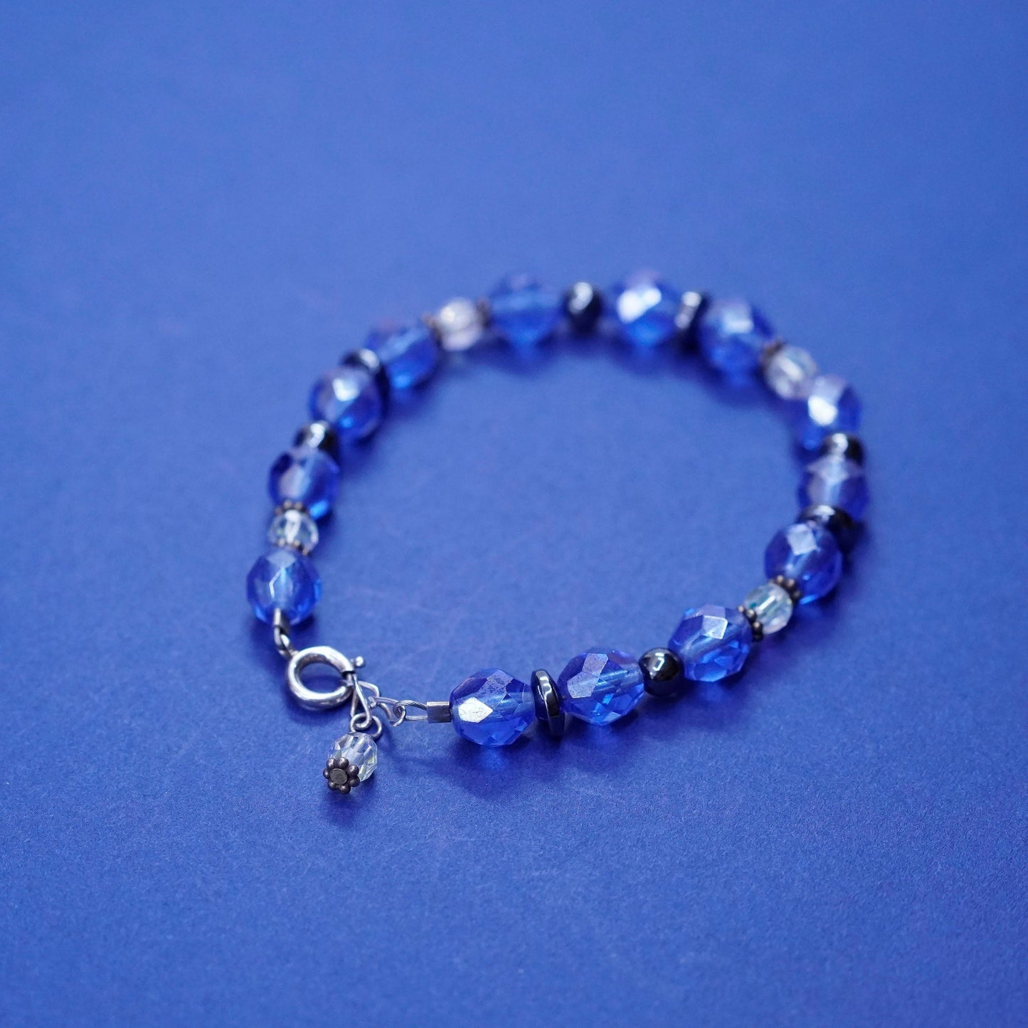 6.75”, sterling silver handmade bracelet, 925 clasp with blue crystal beads