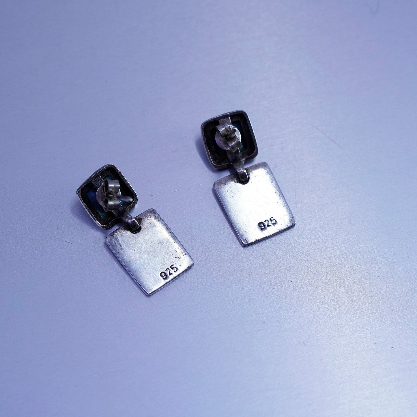 Vintage Sterling 925 silver handmade earrings with square denim lapis lazuli