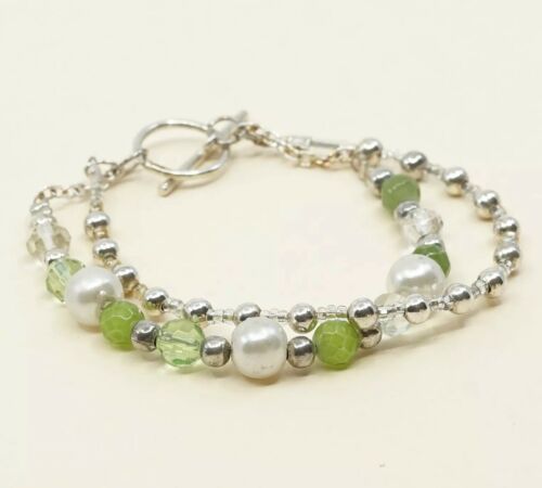 6.25”, Vtg Sterling 925 Silver Handmade Bead Bracelet W/ Pearl N Green Crustal
