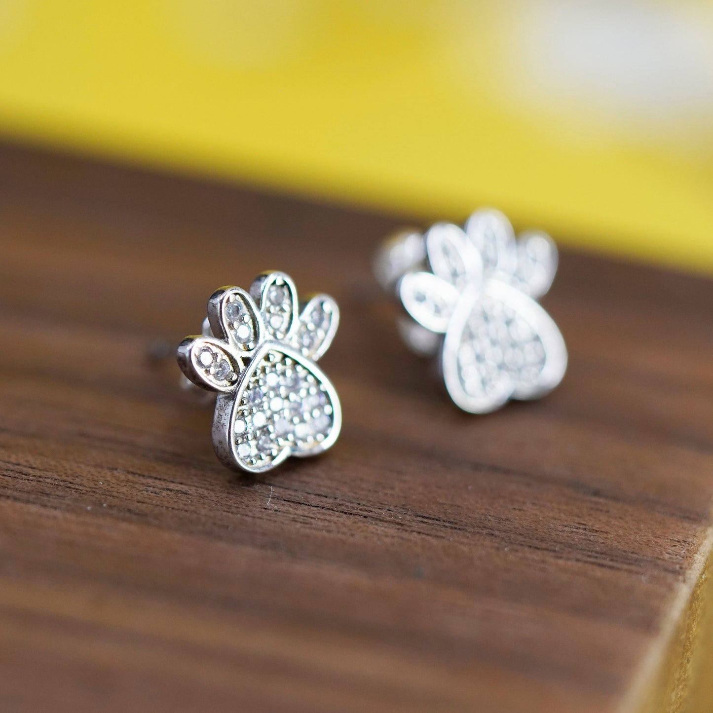 Vintage Sterling silver studs, puppy dog cat kitty paw earrings with cluster cz