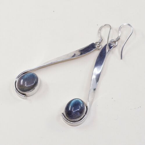 Vtg Modern handmade Sterling 925 Silver earrings, Oval Labradorite Dangles