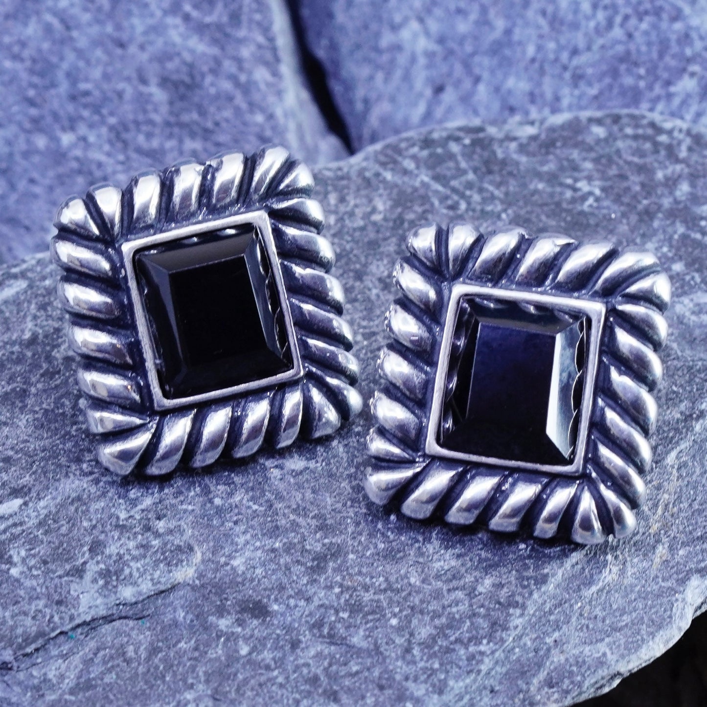 Vintage sterling silver handmade earrings, 925 square studs with garnet cable