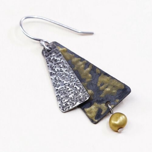 Vtg Modern Yellow Sterling Silver Handmade Earrings, 925 Silver W/ Disc N Pearl