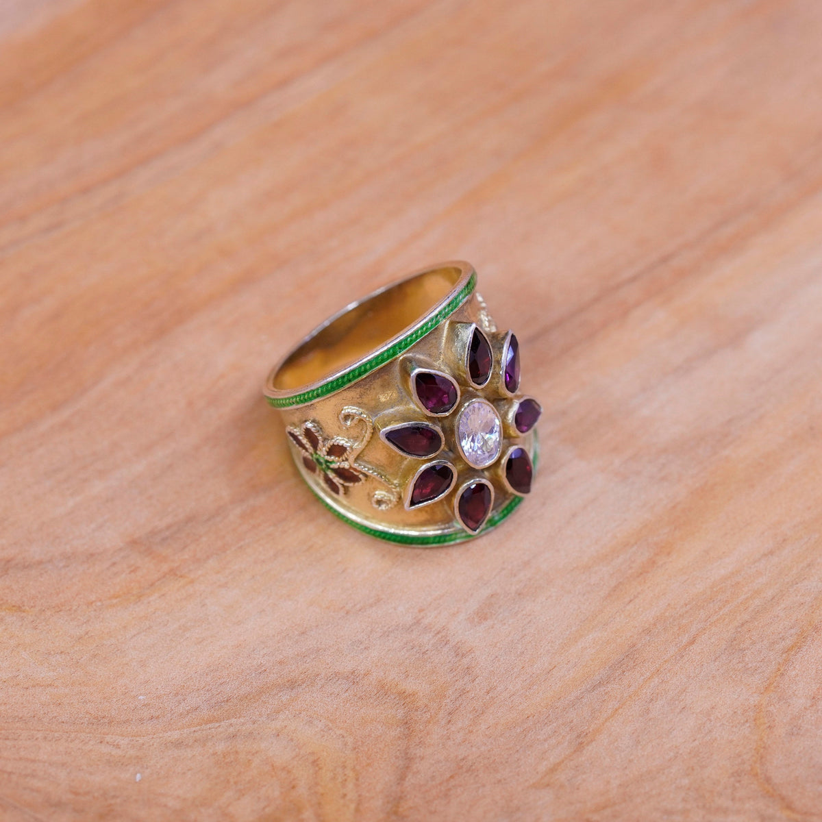 Size 7.5, vermeil gold over Sterling silver ring enamel flower 925 ruby Crystal