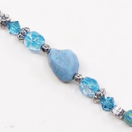7”, Vtg Sterling Silver Handmade Bead Bracelet, 925 Crystal N Turquoise Veads