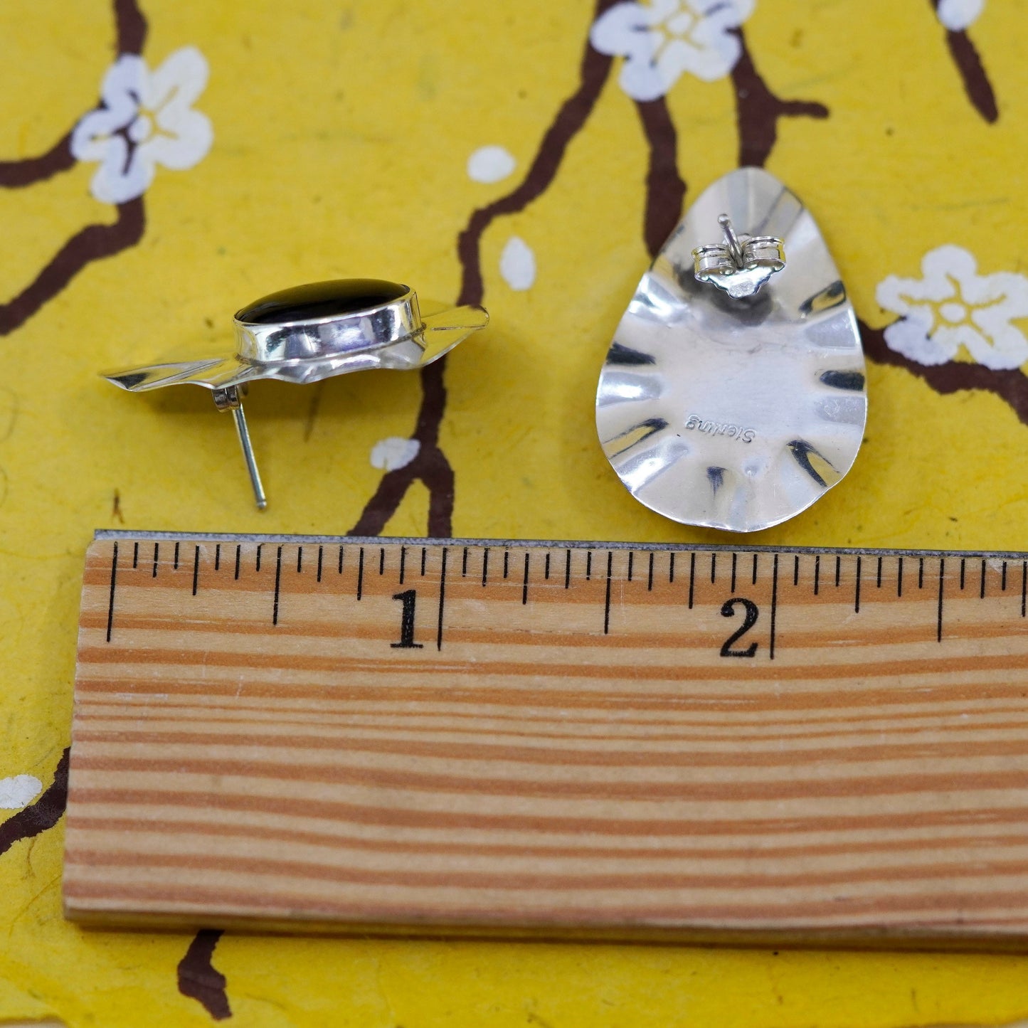 Vintage Sterling Silver Handmade Earrings, teardrop 925 studs with abalone
