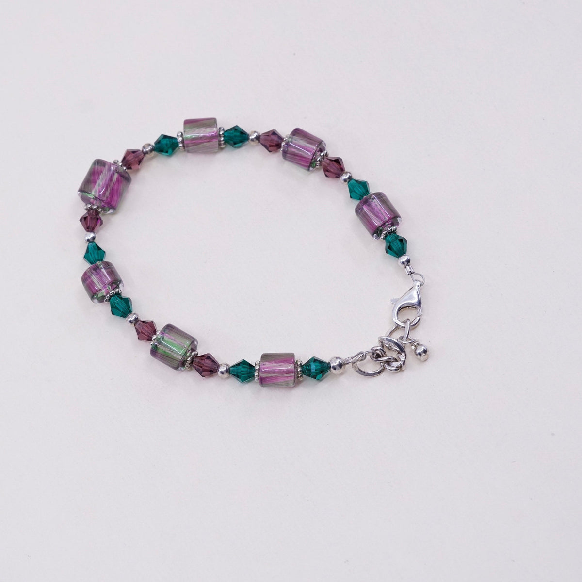 7.5”, vtg Sterling silver handmade bracelet, 925 beads w/ purple green crystal