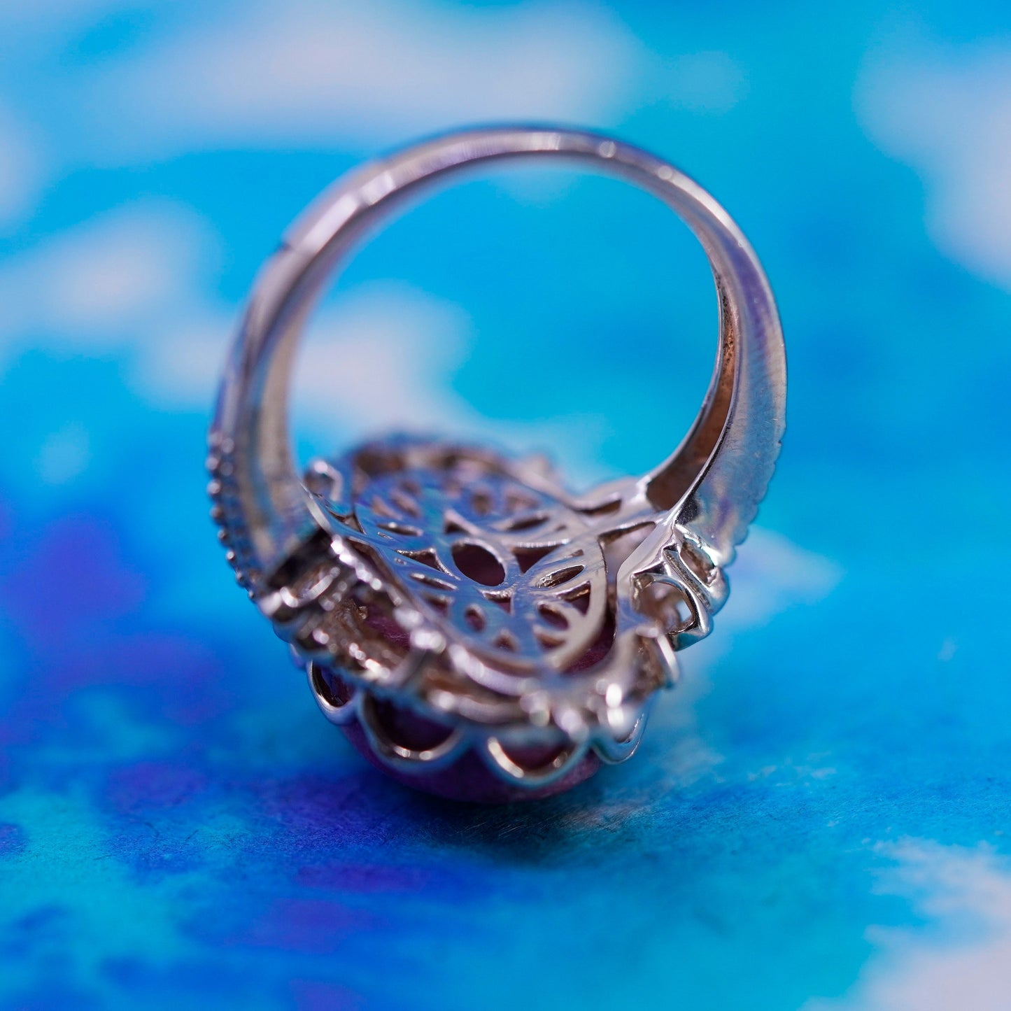 Size 7.25 vintage vermeil rose gold sterling silver filigree ring pink jasper