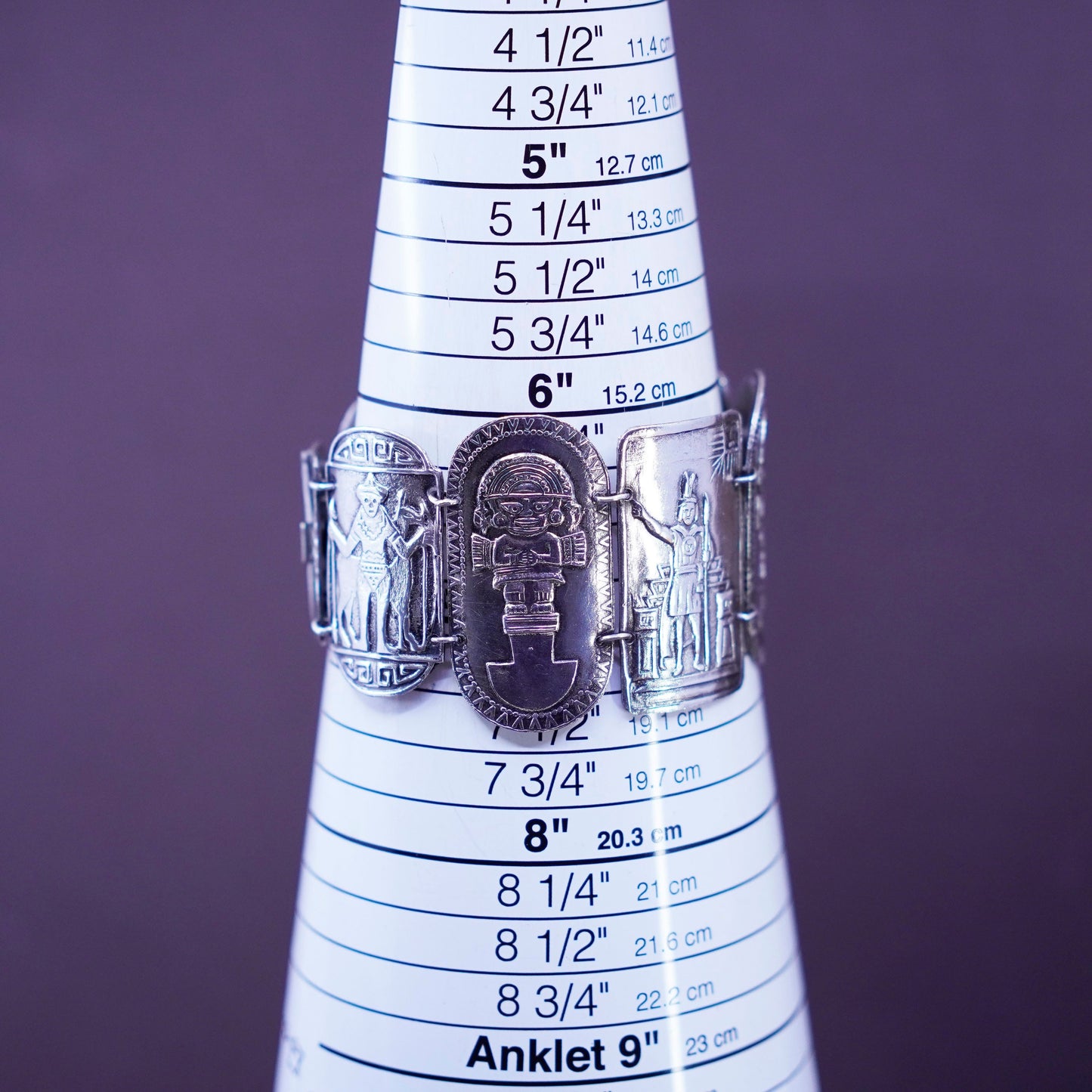 6.25”, Sterling 900 silver Peru Inca gods hinged storyteller bangle bracelet