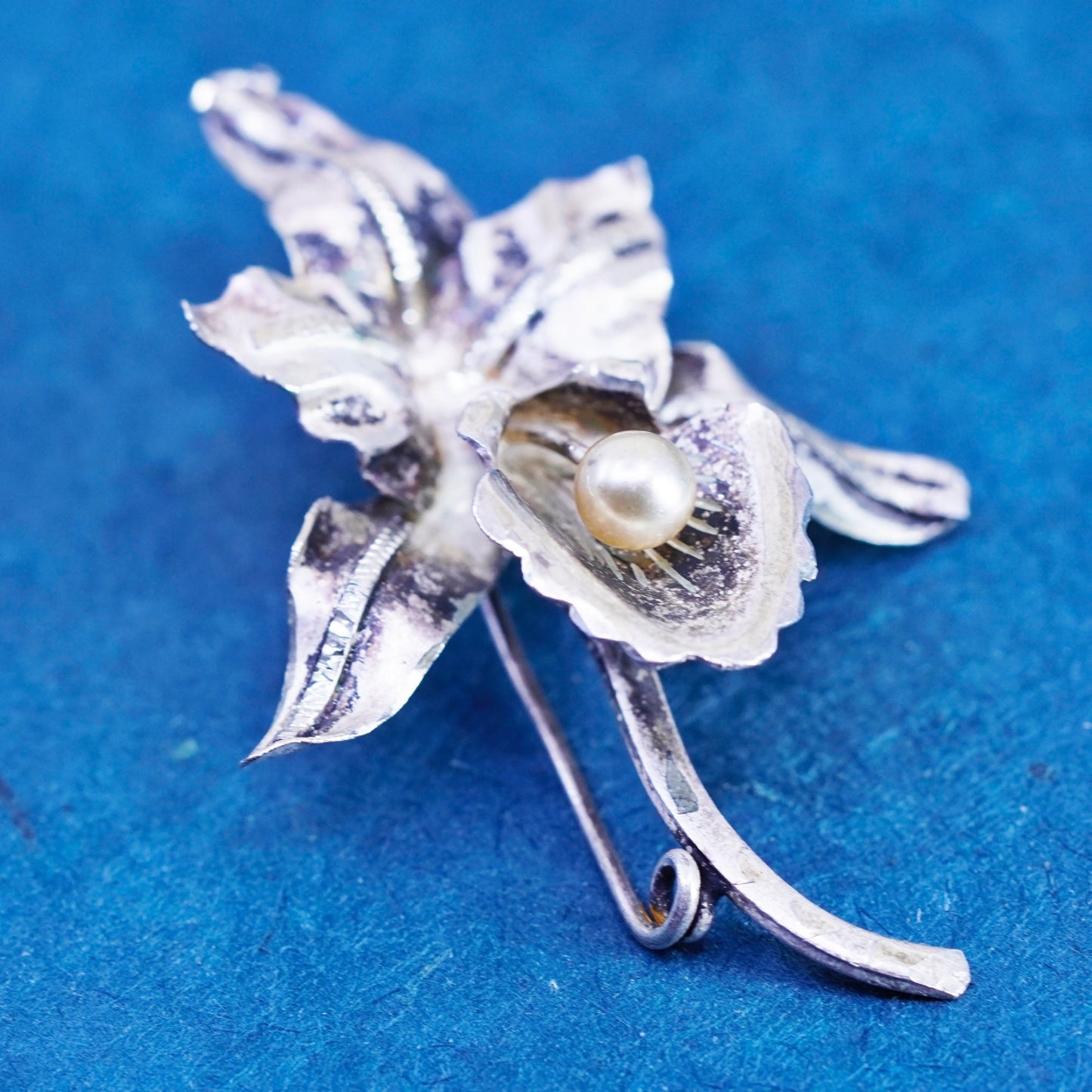Vintage Mexico Sterling 925 Silver handmade Orchid Flower Brooch pin with pearl