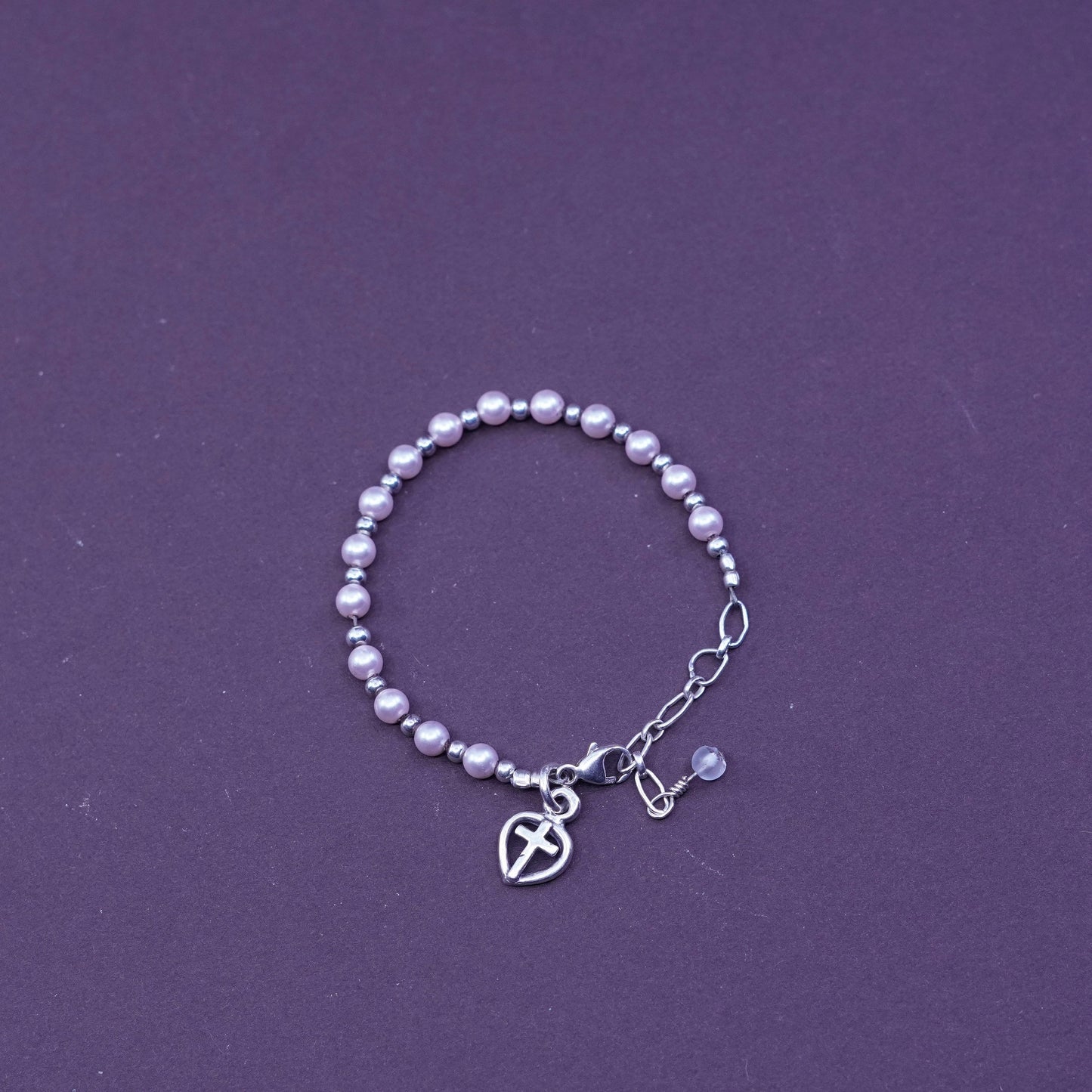 5.25”, Sterling 925 silver handmade bracelet, pearl beads chain heart cross