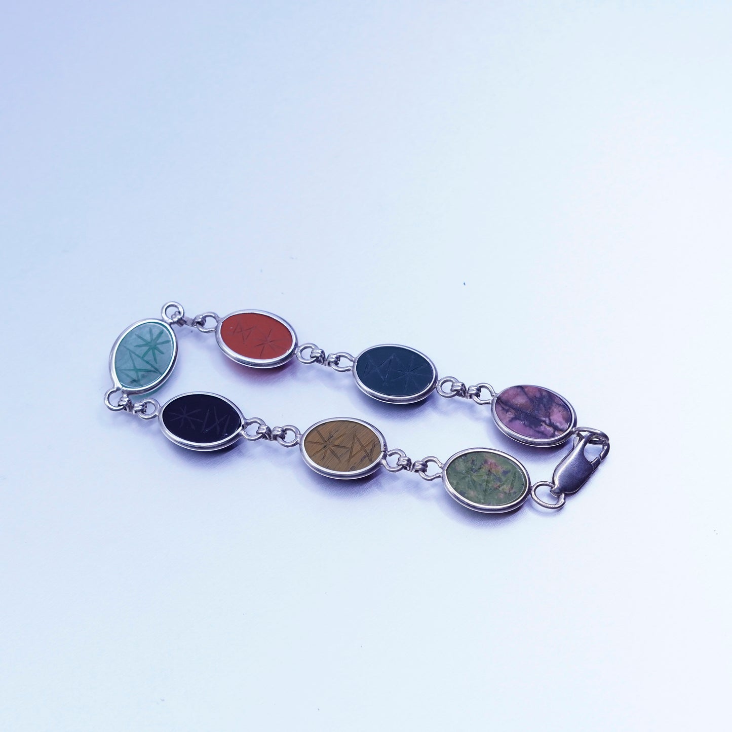 7.25”, sterling 925 silver carved bracelet, tiger eye jasper carnelian onyx