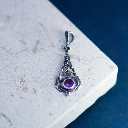 Vintage sterling 925 silver handmade pendant with amethyst and marcasite
