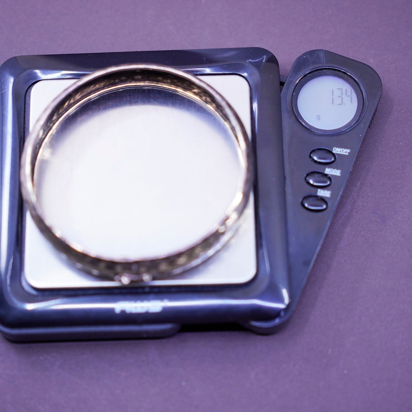 7.5”, vtg Sterling silver handmade bracelet, textured 925 wide hinged bangle
