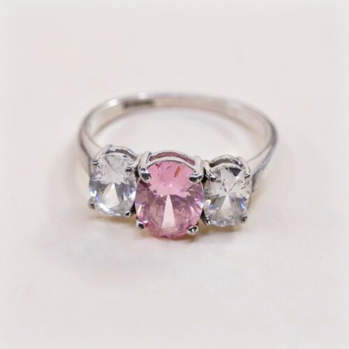 Sz 8, Sterling Ring, 925 Silver Fashion Engagement Ring W/ Pink N Clear Cz
