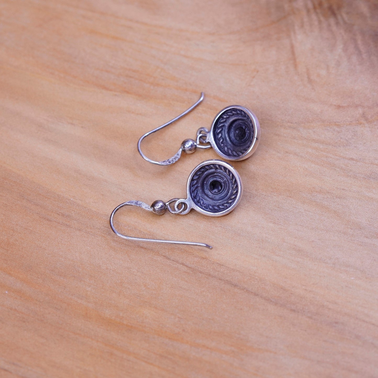 Vintage Sterling silver handmade earrings, Mexico 925 circle with obsidian