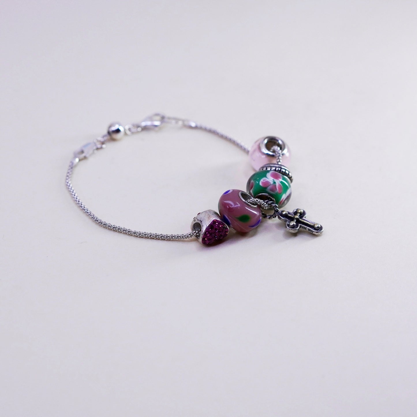 8”, 925 Sterling silver popcorn bracelet artisan floral glass beads cross charm