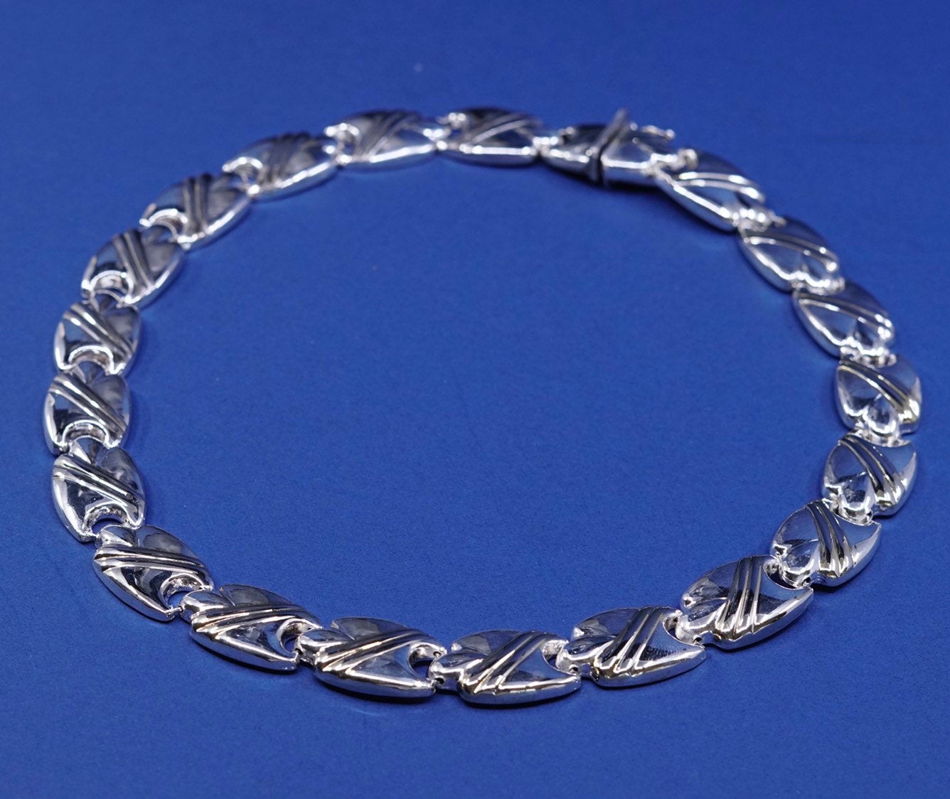 17”, vtg Italy Sterling silver necklace, 925 tennis ribbed Wide chain