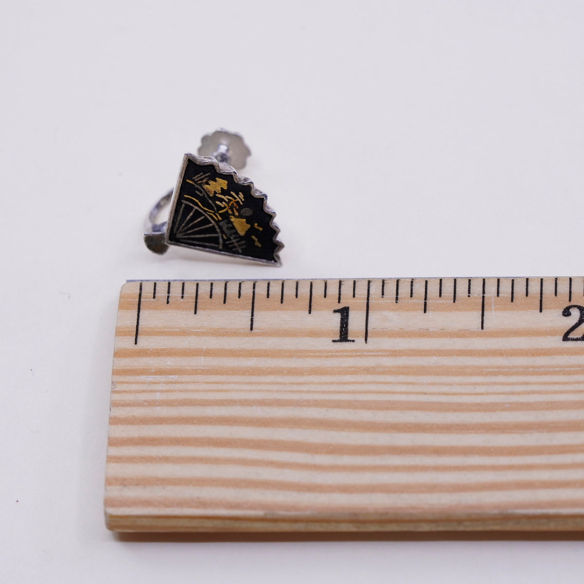 vintage two tone Sterling silver earrings 925 screw back Japanese fan landscape