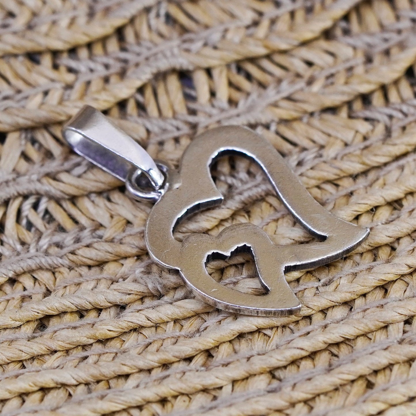 Vintage Sterling silver handmade pendant, 925 double heart charm