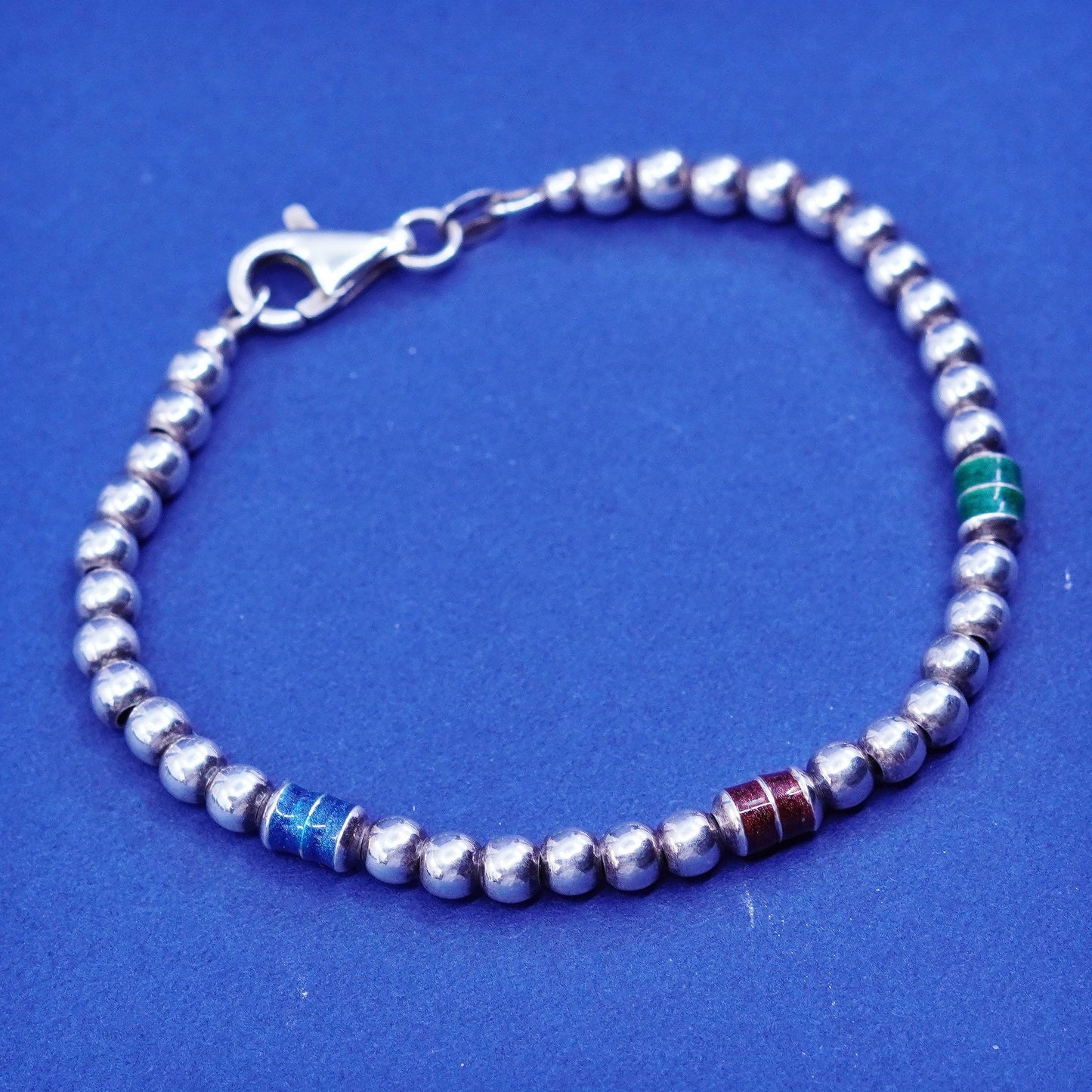 6.75”, vintage sterling 925 silver handmade beads bracelet with enamel