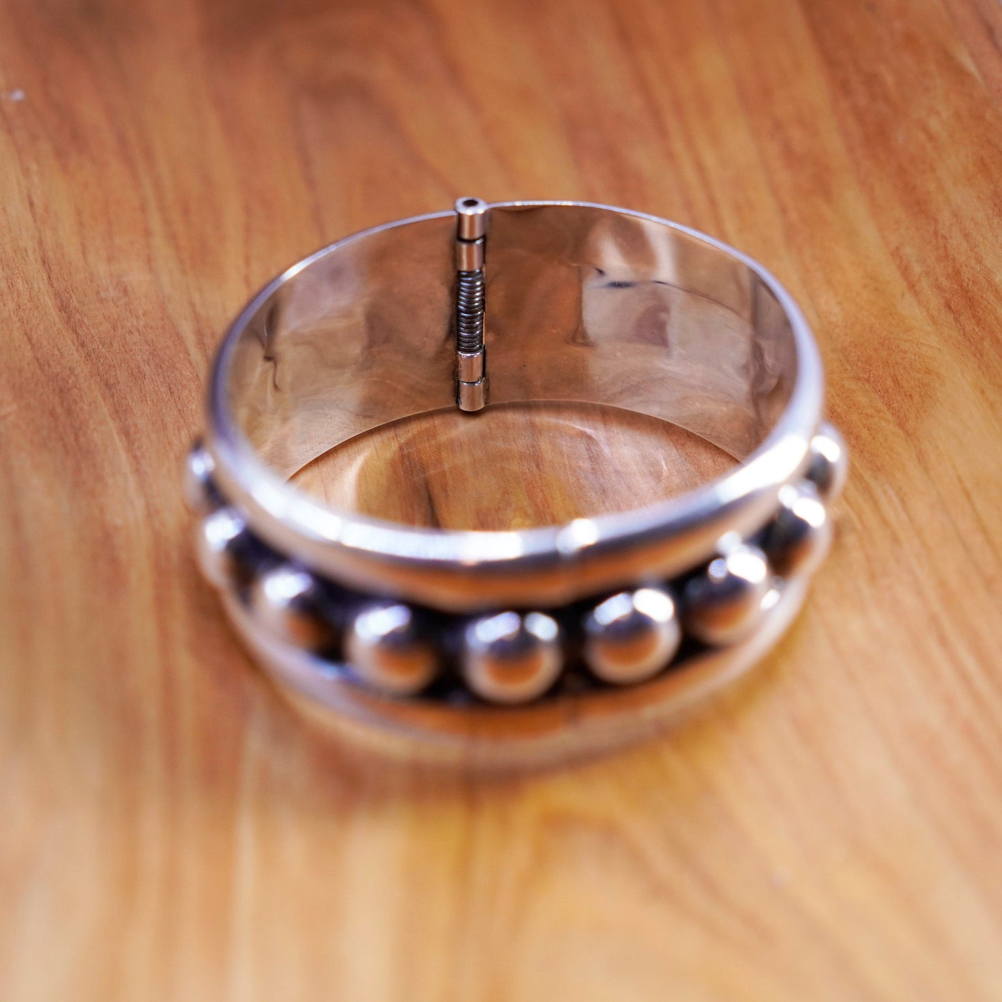 7”, antique sterling silver handmade bracelet, wide 925 hinged bangle w/ beads