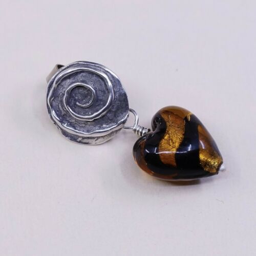Vtg Unique handmade Sterling 925 Silver Swirl Earrings Heart Foiled Glass