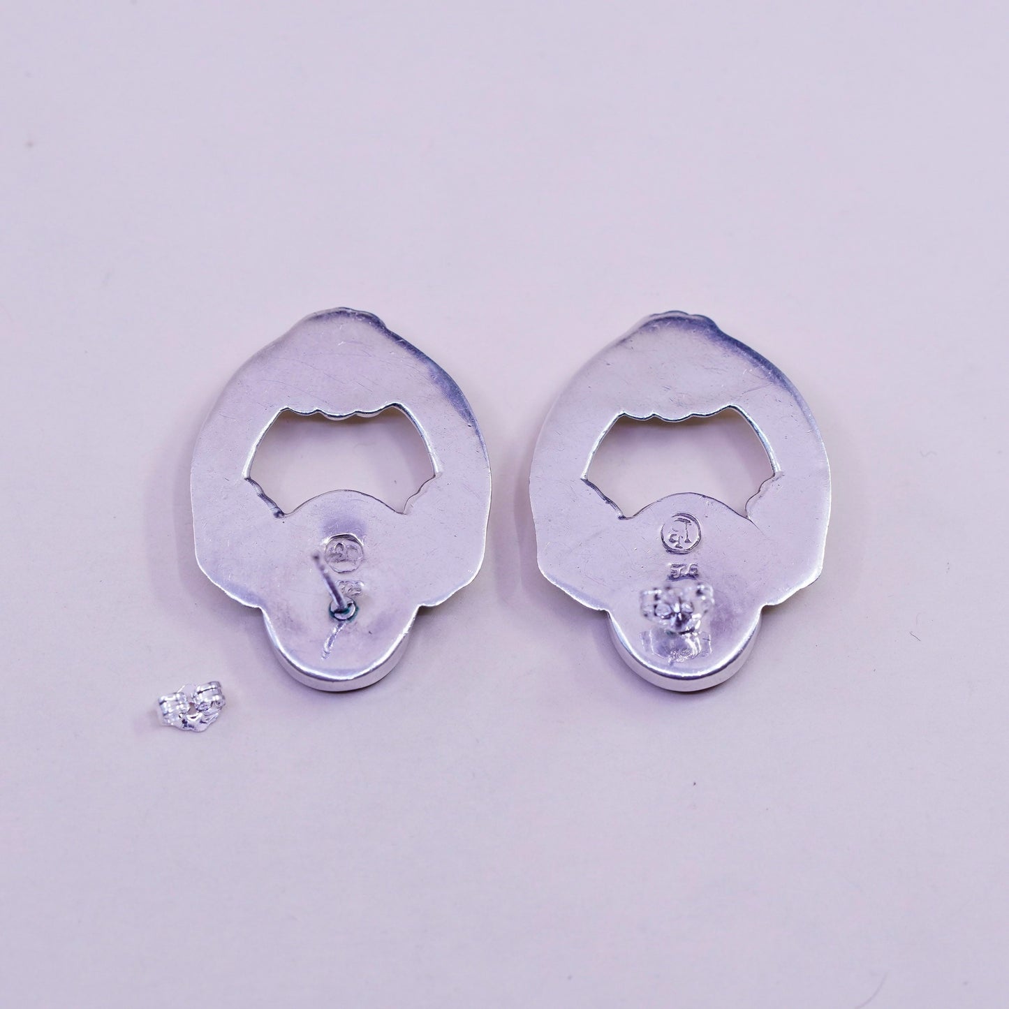 Vintage Sterling silver handmade earrings, Modern 925 ribbed stud oval obsidian
