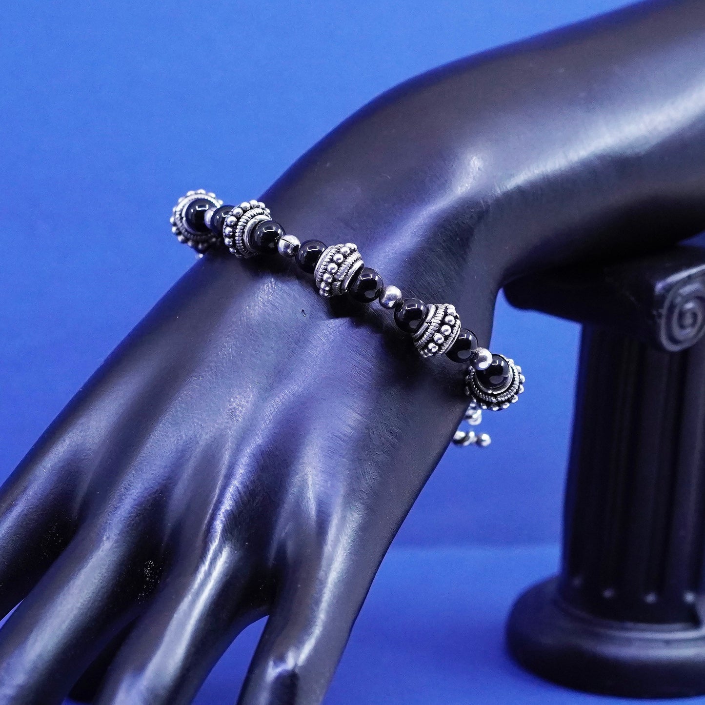 6.5”, vintage sterling 925 silver handmade Bali bracelet with obsidian beads