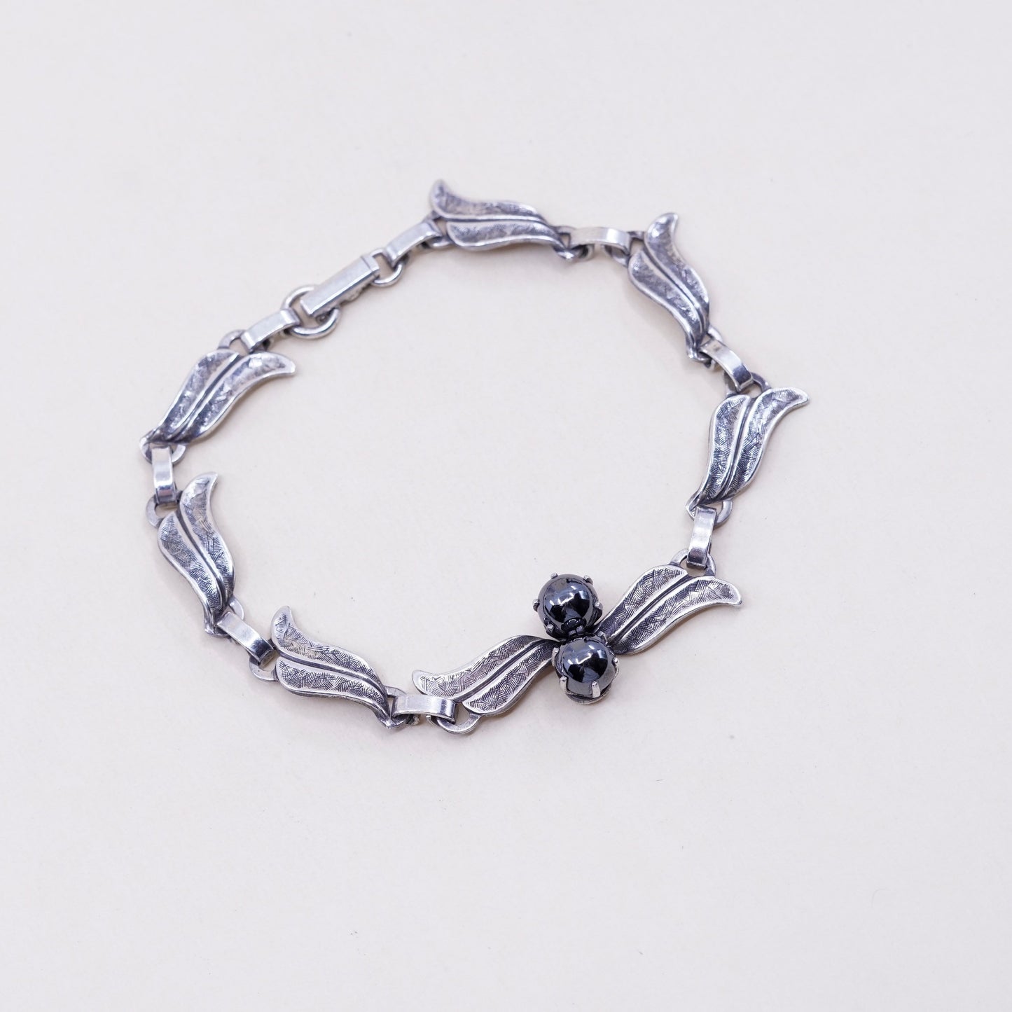 7.5”, antique sterling silver bracelet, 925 wavy chain with hematite beads