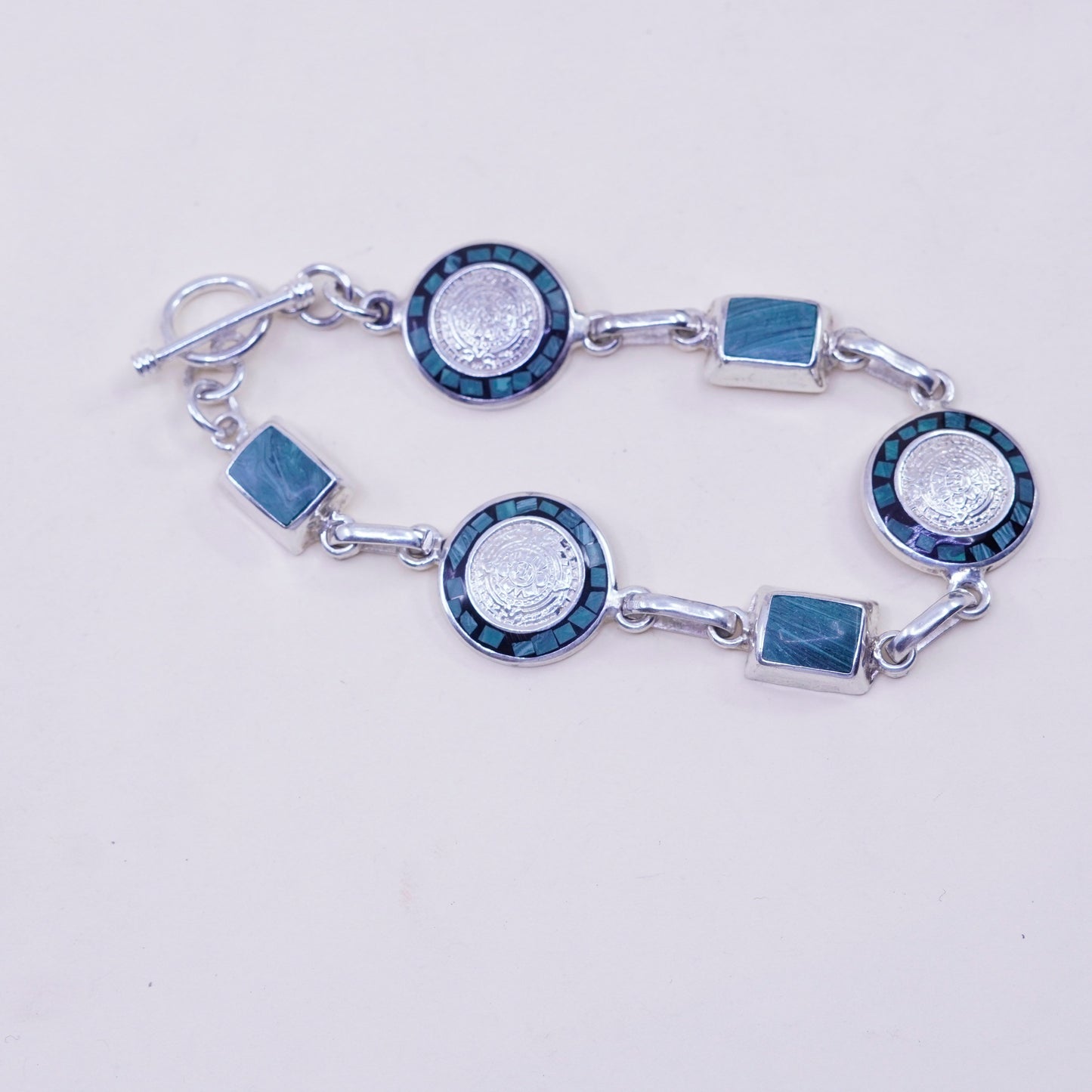 6.75”, sterling silver bracelet, 925 circle disc Mayan calendar malachite
