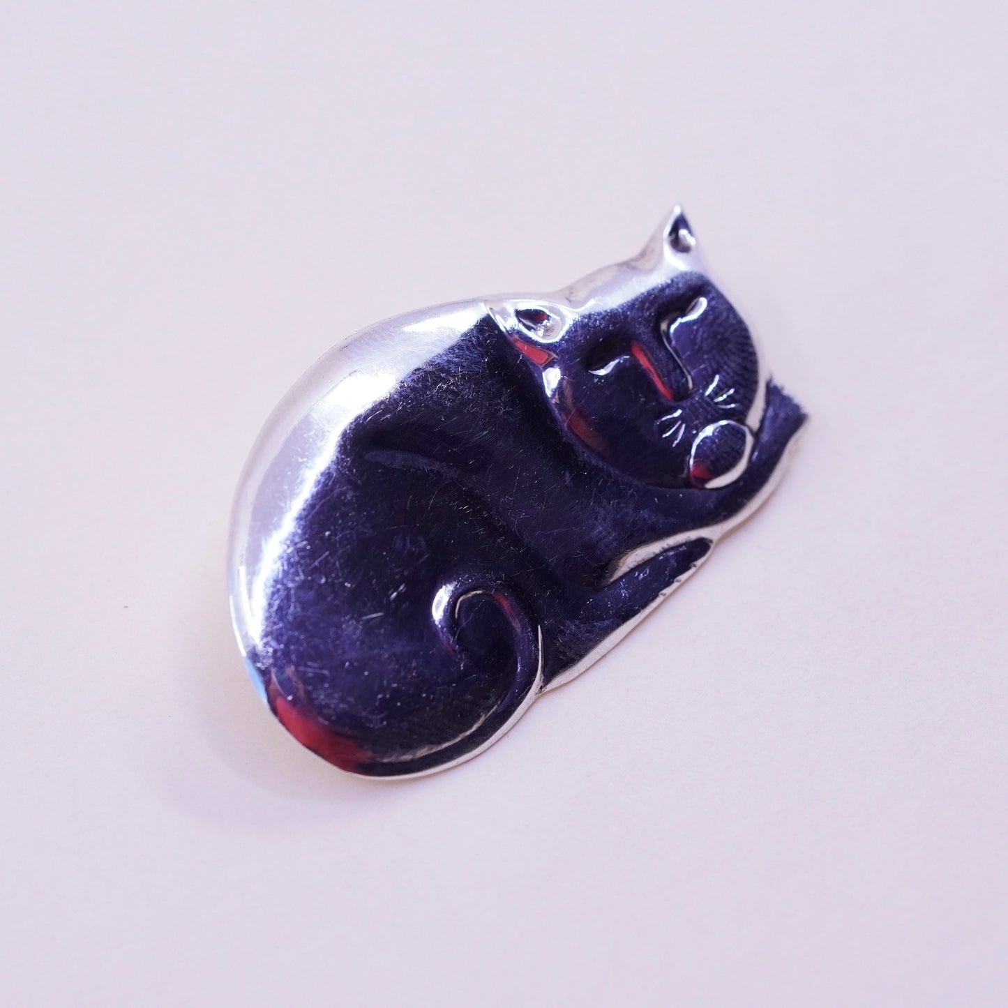 Vintage sterling 925 silver cat brooch, Southwestern handmade antique pin