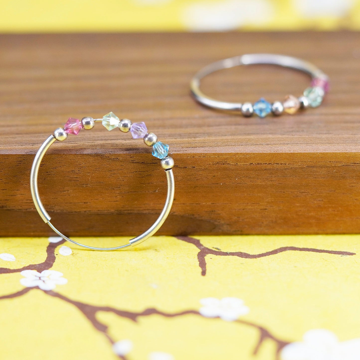 1.25”, vintage Italy Sterling silver handmade hoops 925 huggie earrings crystal