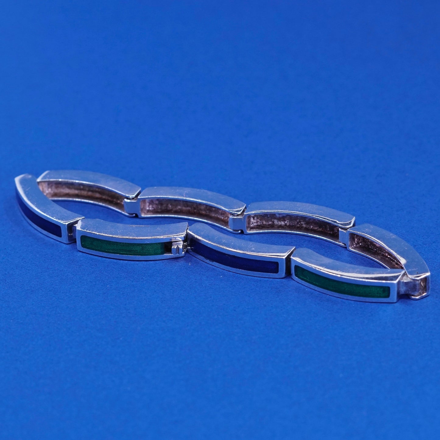 7.25”, vintage Sterling silver handmade bracelet, 925 bar with enamel