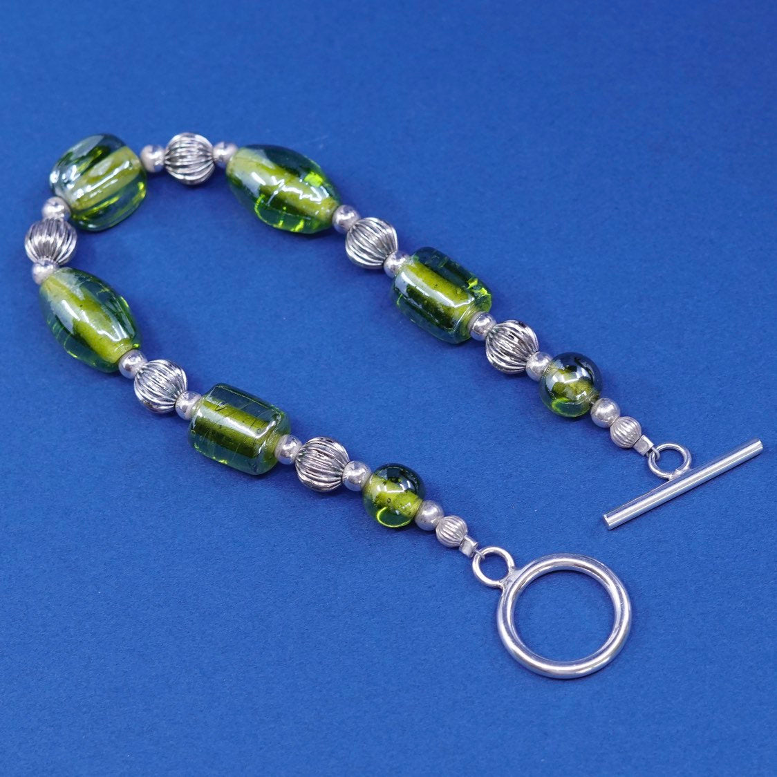7", handmade sterling silver bracelet, 925 toggle closure w/ foiled glass beads
