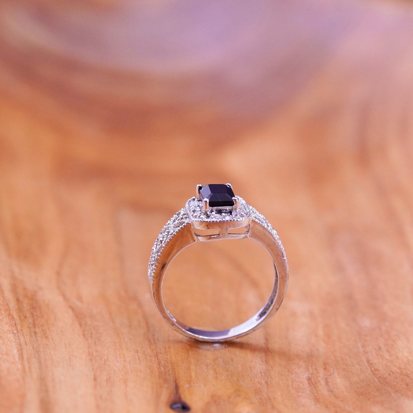 Size 8.5, Vintage Sterling silver handmade ring, Mexico 925 obsidian with cz