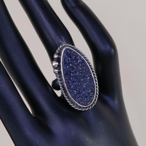 Sz 6, Vtg Sterling 925 Silver Handmade Ring w/ Obsidian Blue Druzy, Stamped