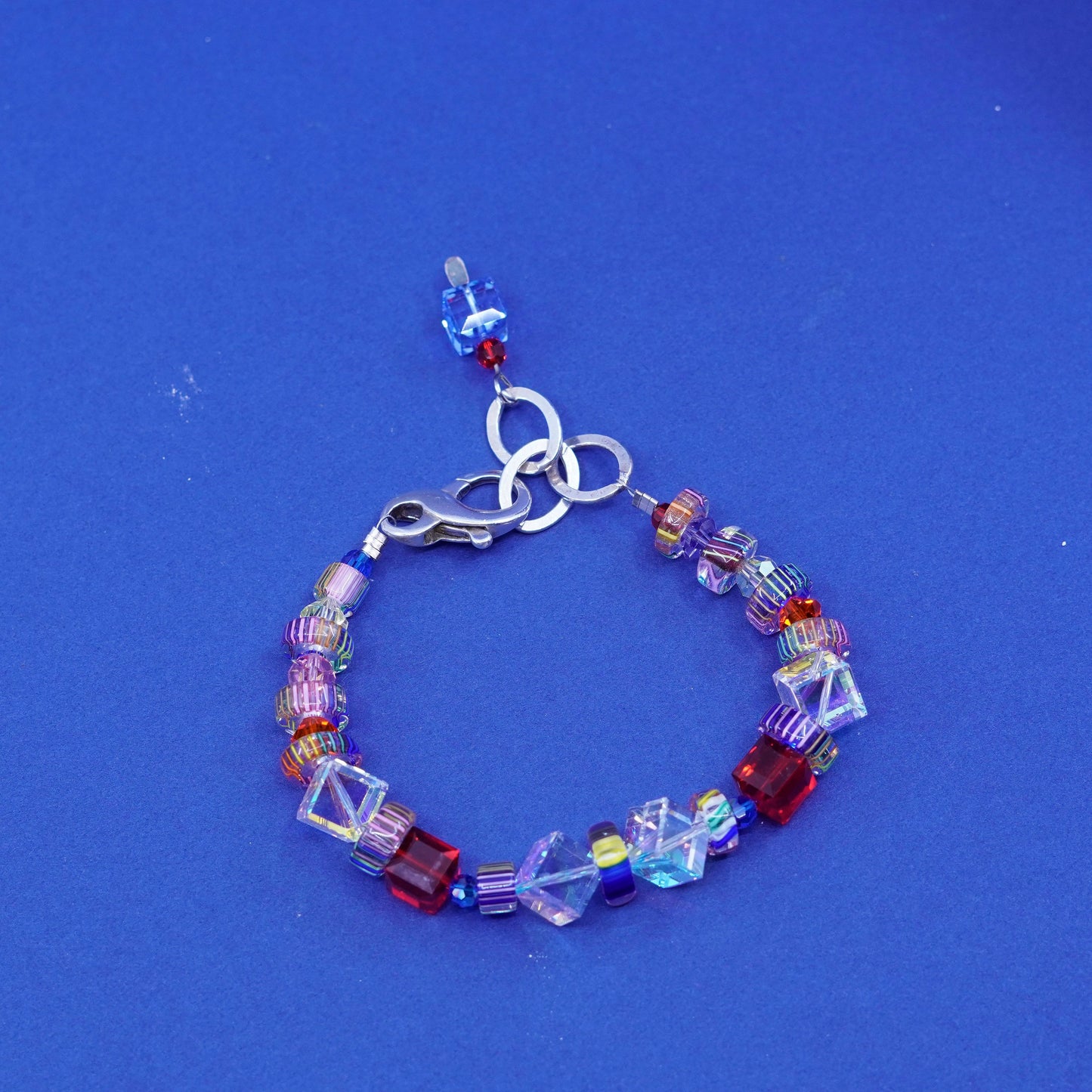 5.75+1”, Vintage handmade sterling silver bracelet with crystal and glass beads