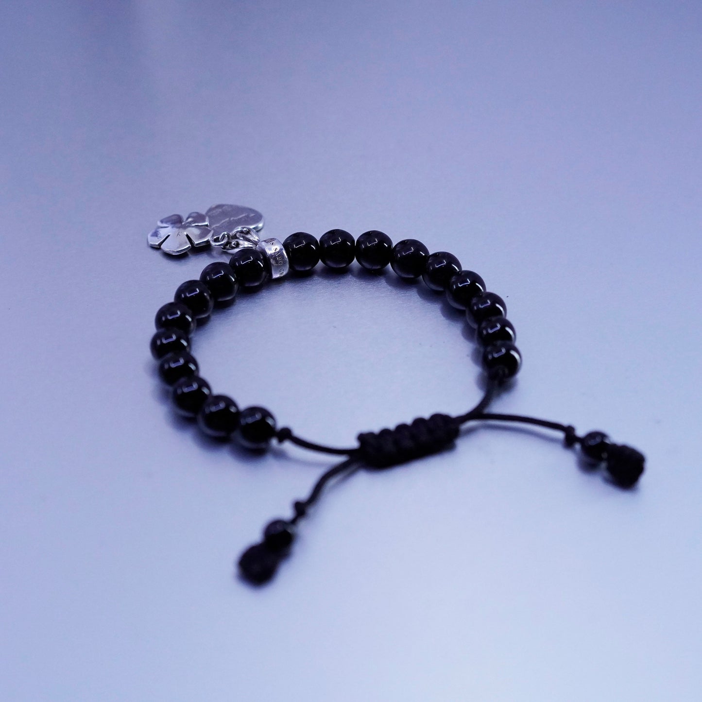 Thomas Sabo Sterling 925 silver bracelet flower heart charm obsidian beads