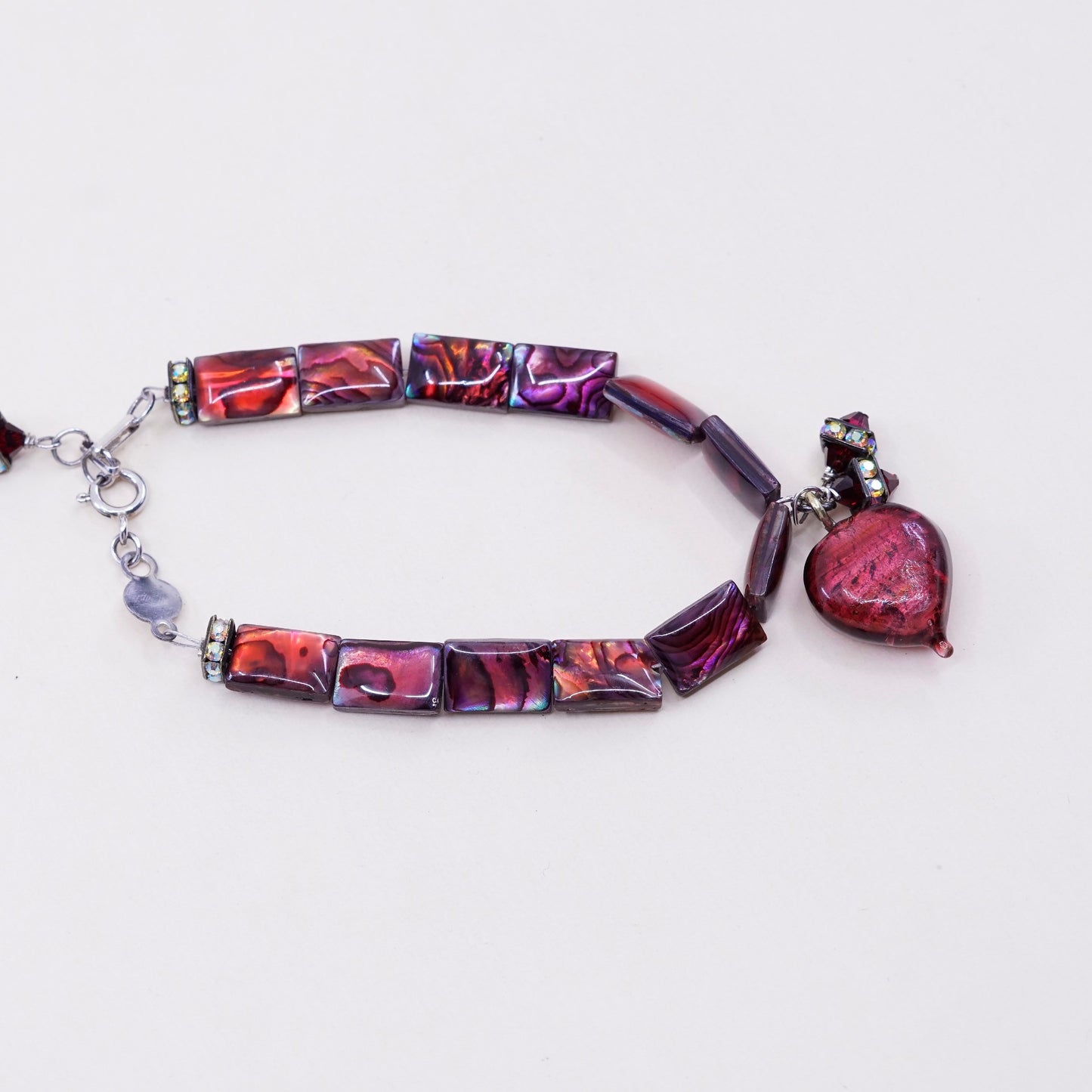 7”, sterling 925 silver handmade bracelet w/ red abalone beads N heart charm
