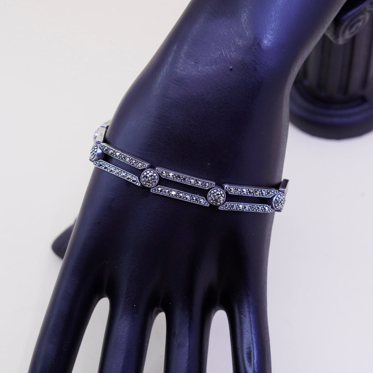 7.25”, Sterling 925 Silver, elongated chain, tennis Bracelet with marcasite