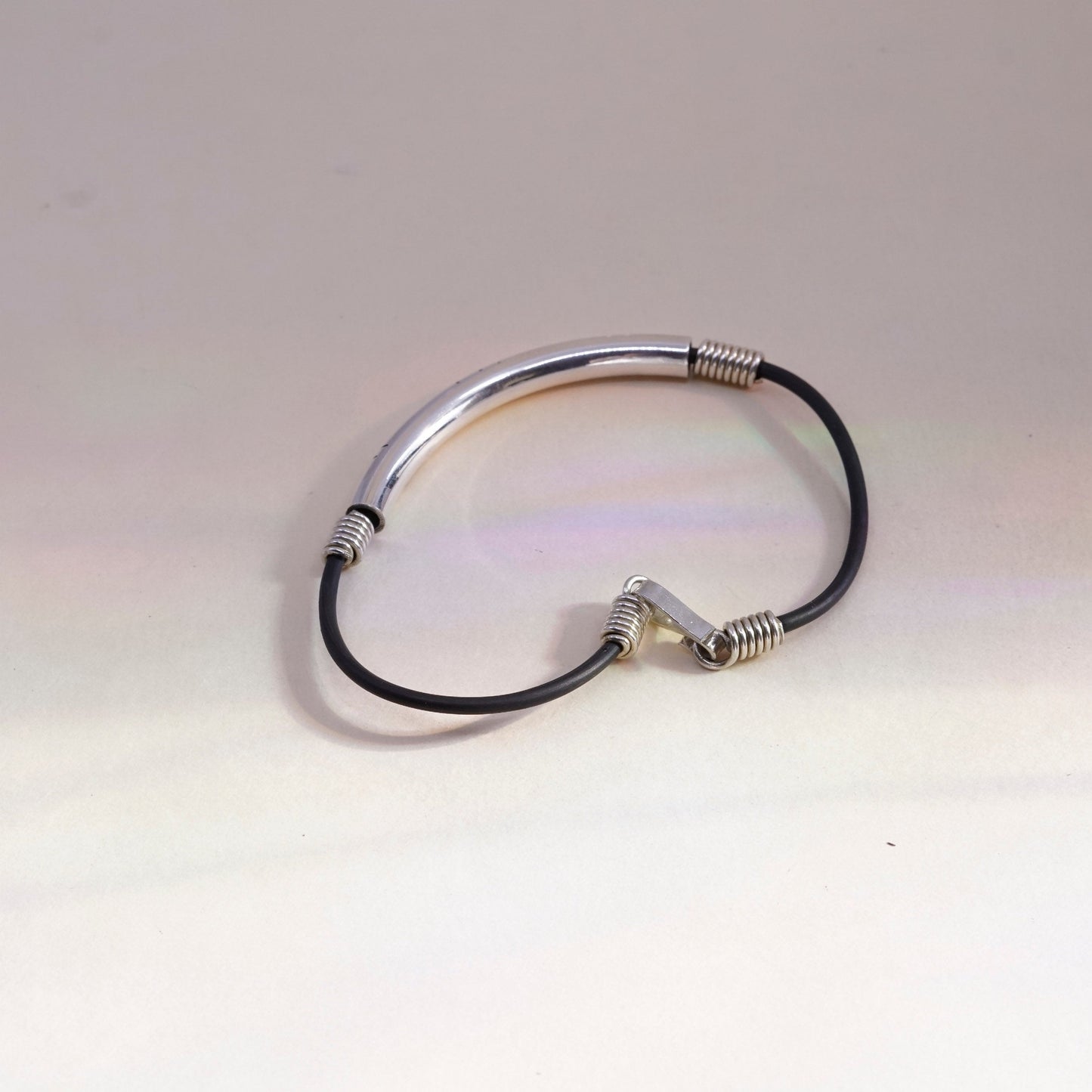 7.5”, Vintage black rubber chain with sterling 925 silver bar