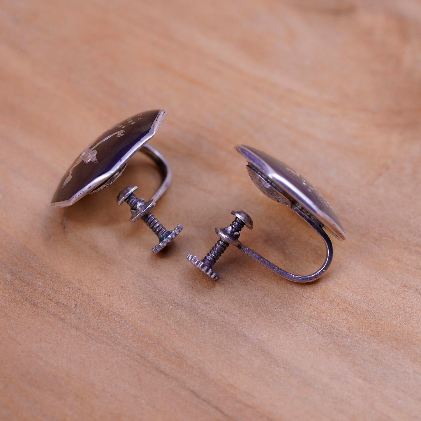 Siam sterling silver clip on earrings, 925 teardrop earrings, niello Siam