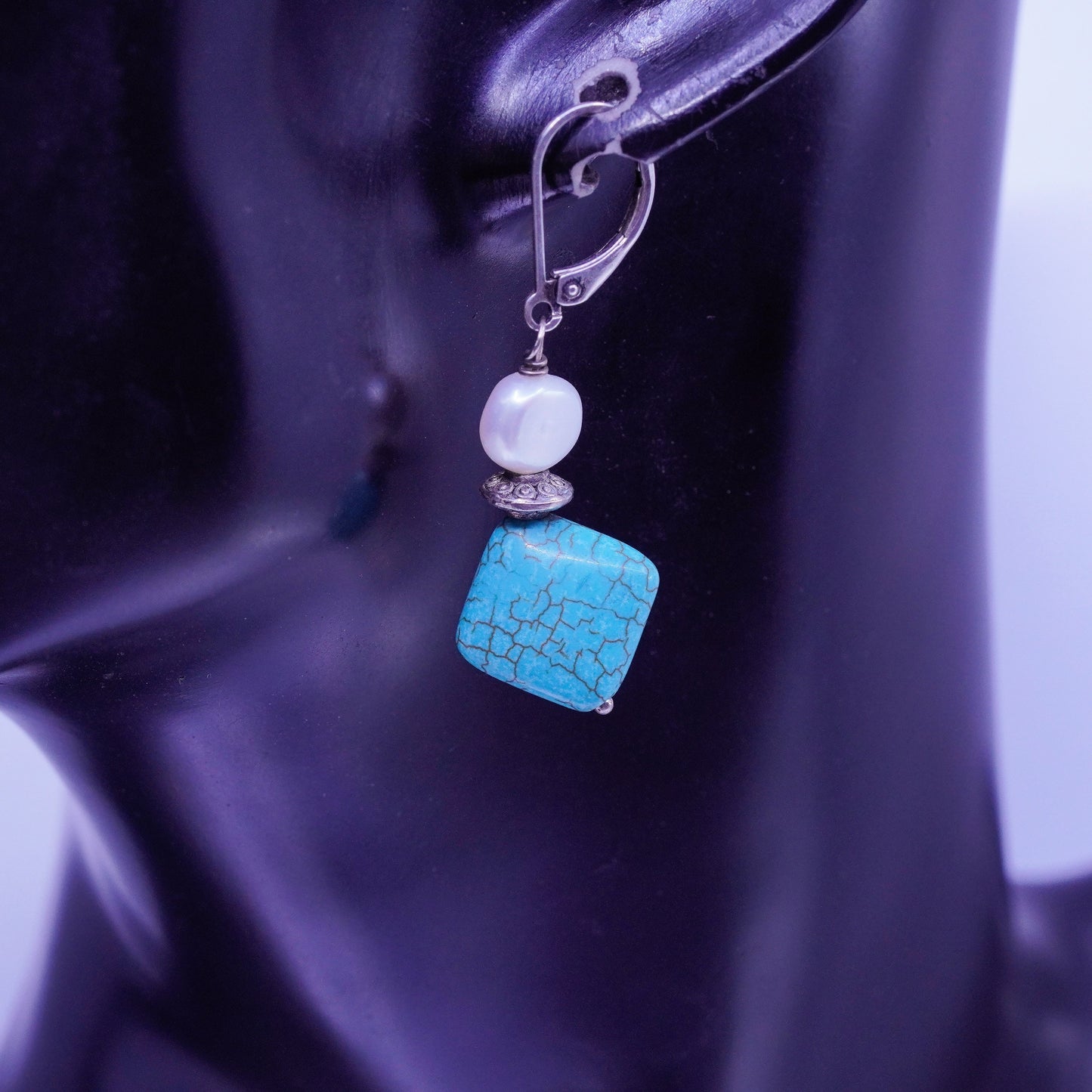 Vintage Sterling 925 silver handmade earrings with square turquoise and pearl